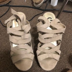G by Guess nude/tan strappy wedges